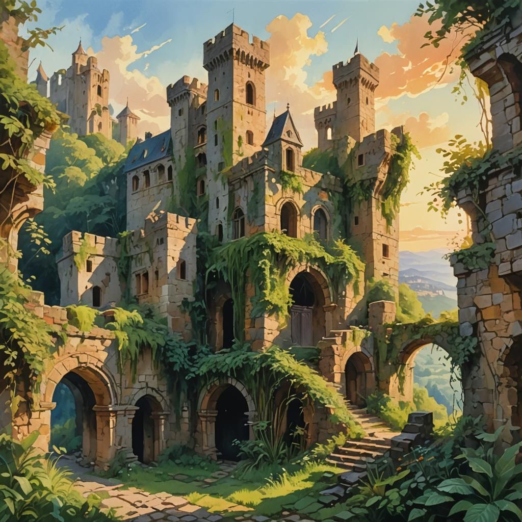 Castle Ruins Overgrown: An Impressionist Gouache Painting
