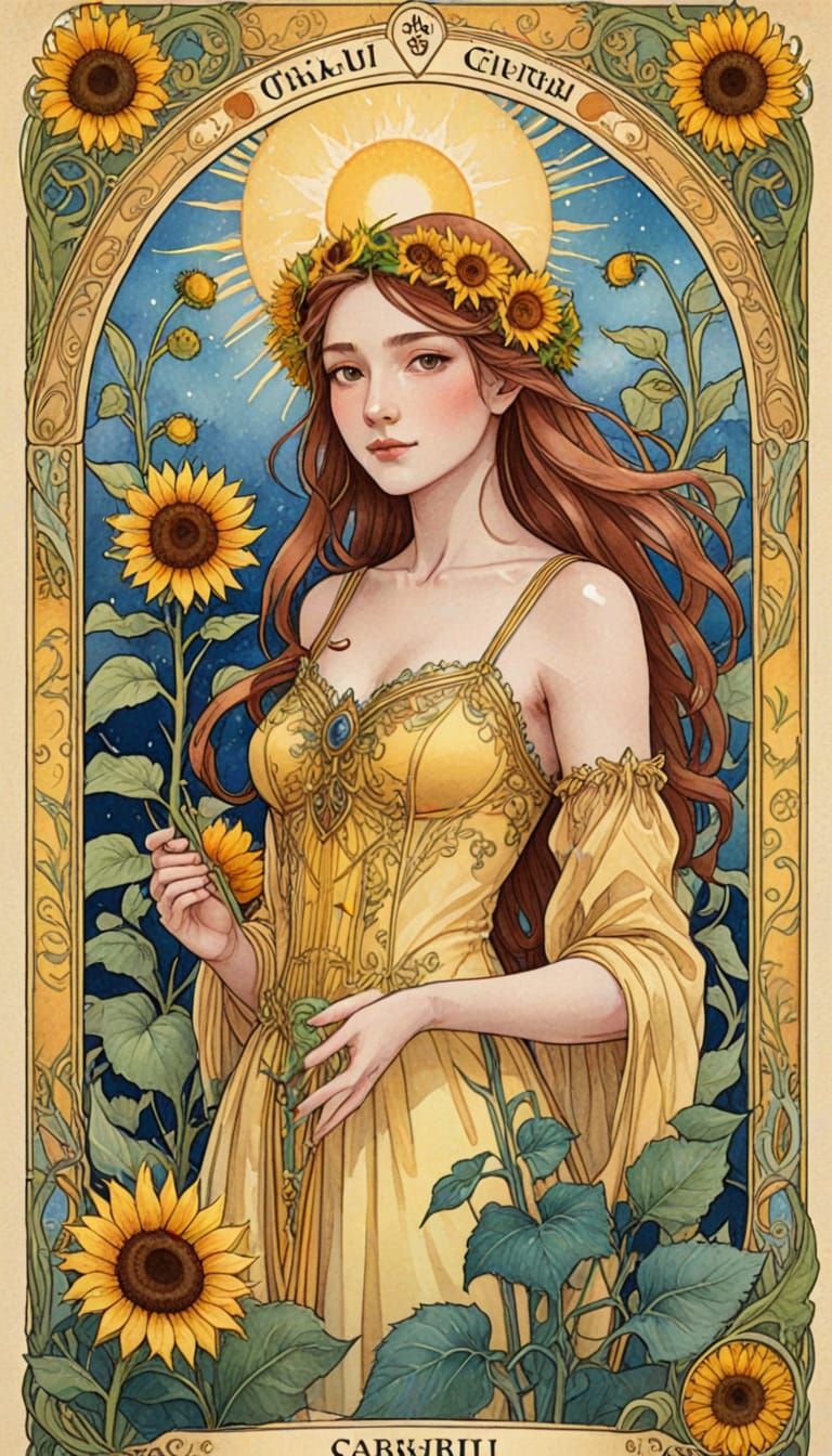 Vibrant Art Nouveau Tarot Card in Watercolour Style