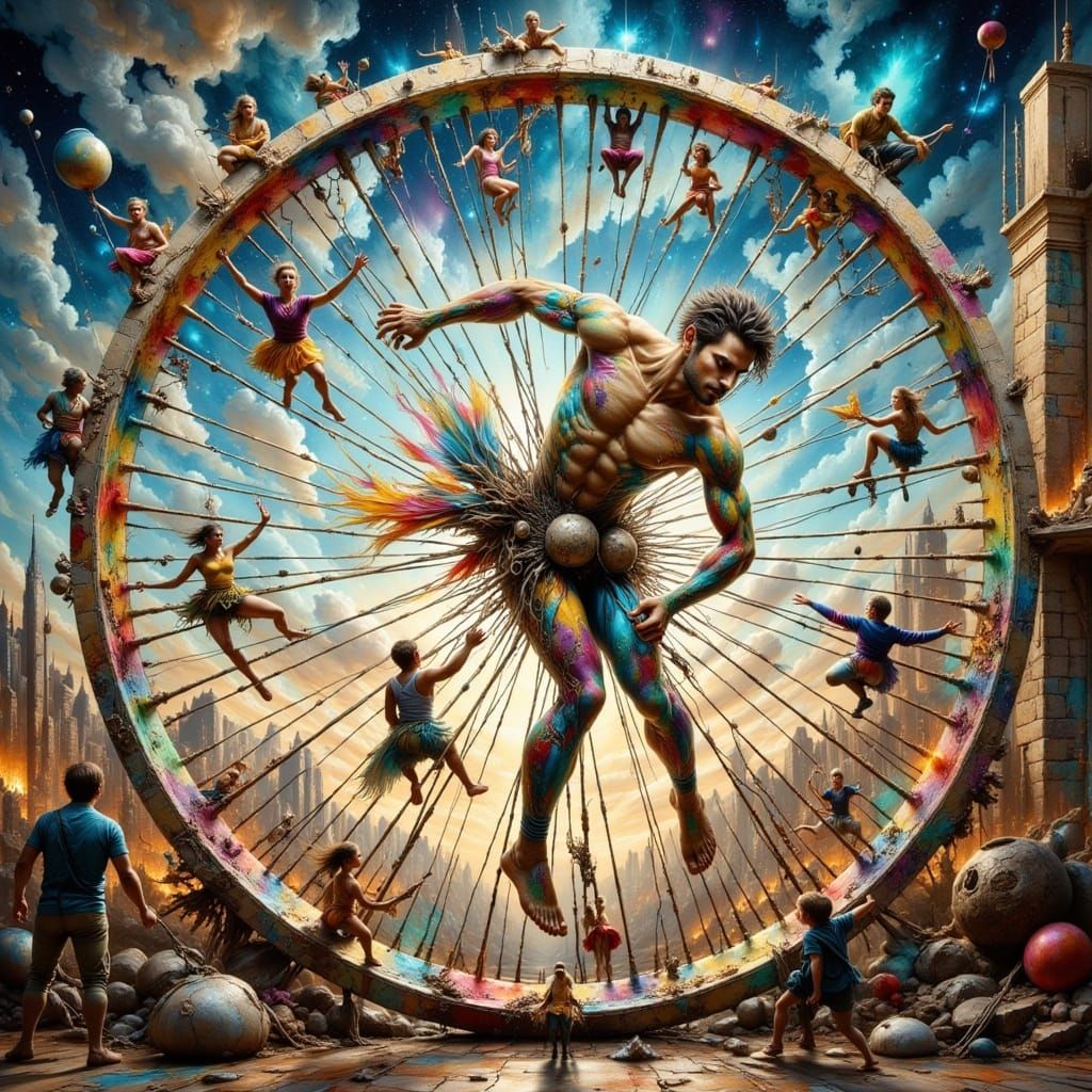 Circus Artists Perform on Bicycle Wheel