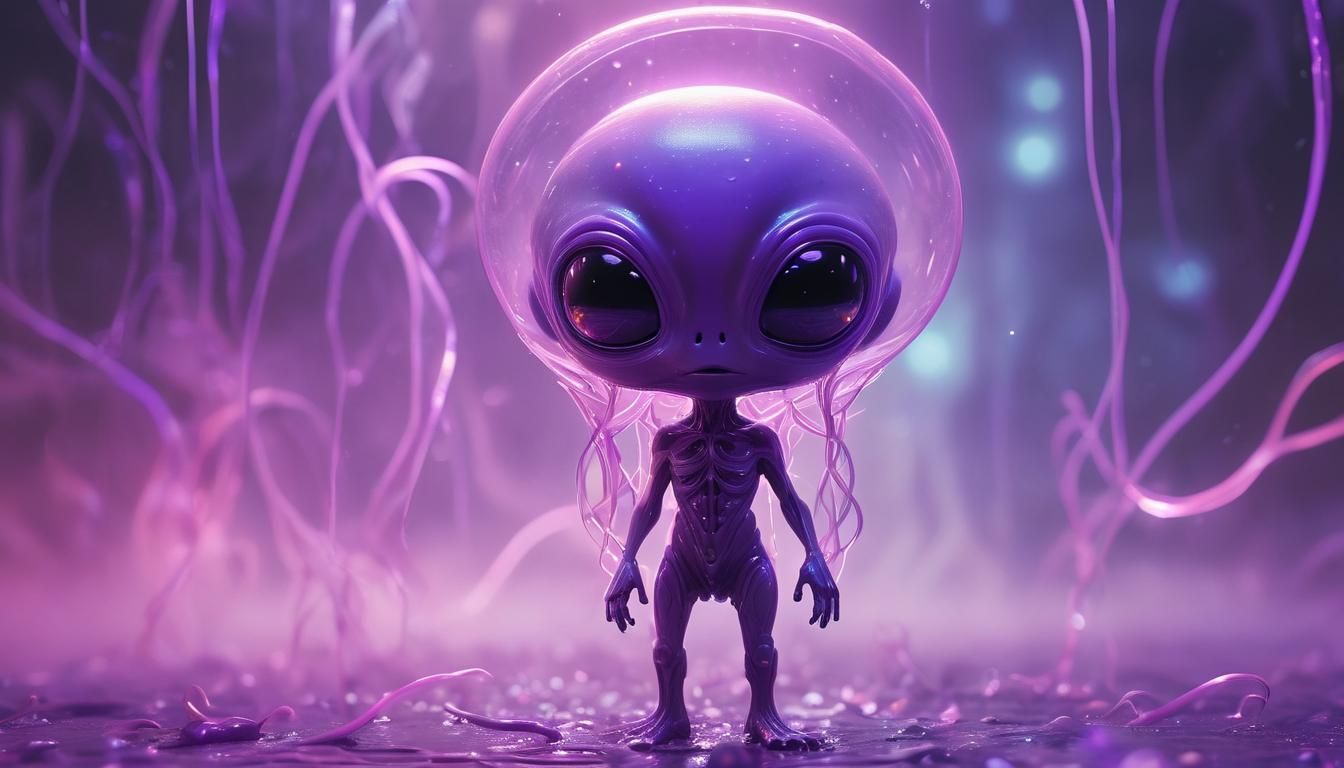 Ethereal Chibi Alien in Swirling Purple Mist