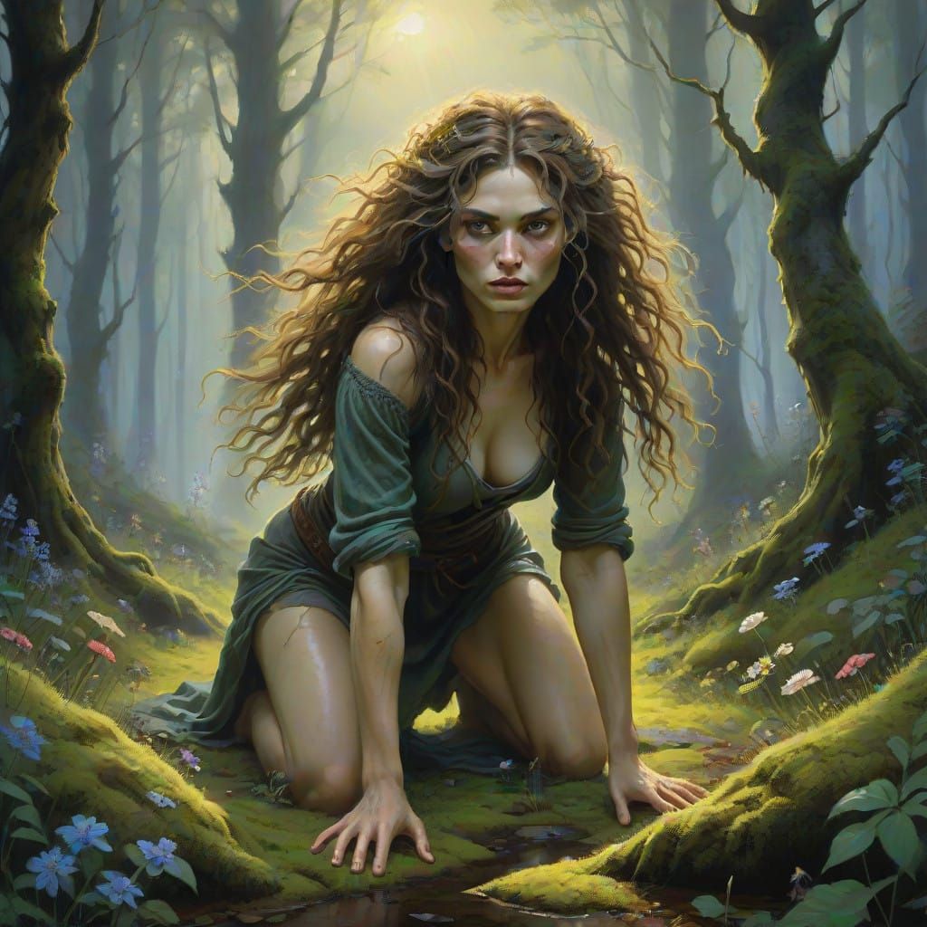 Mystical Forest Warrior, Oil Painting in Impasto Style