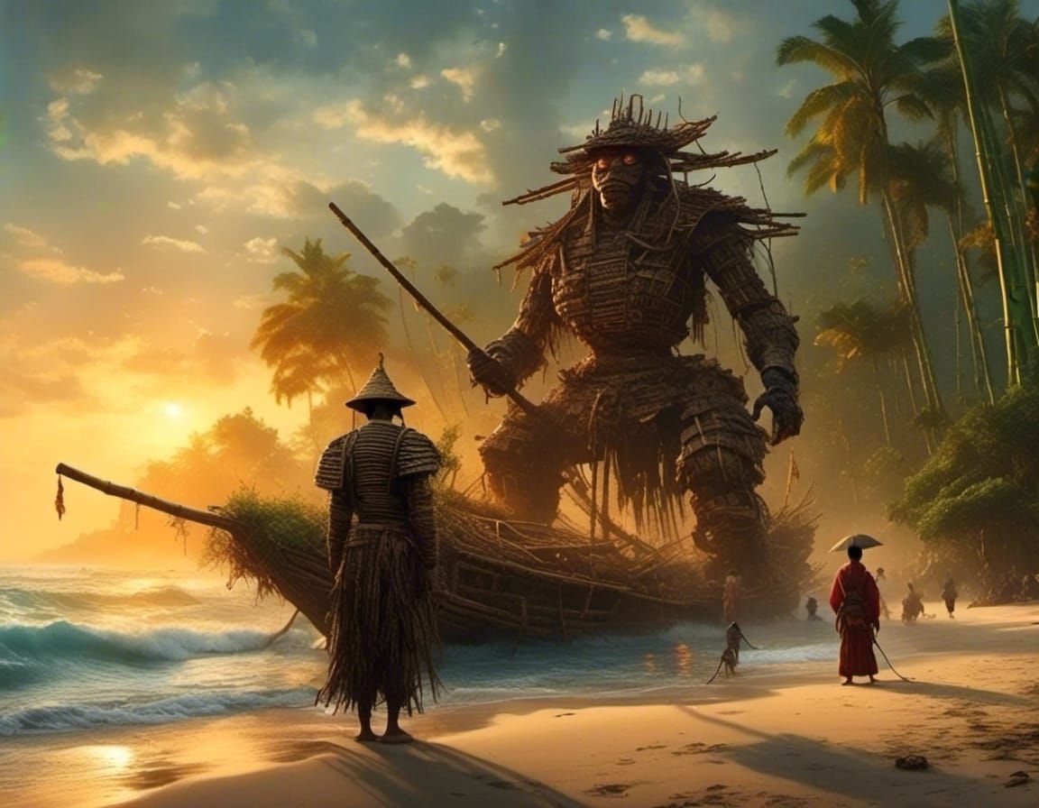 Tropical Sunset: Bamboo Mech Warrior Awaits Junk