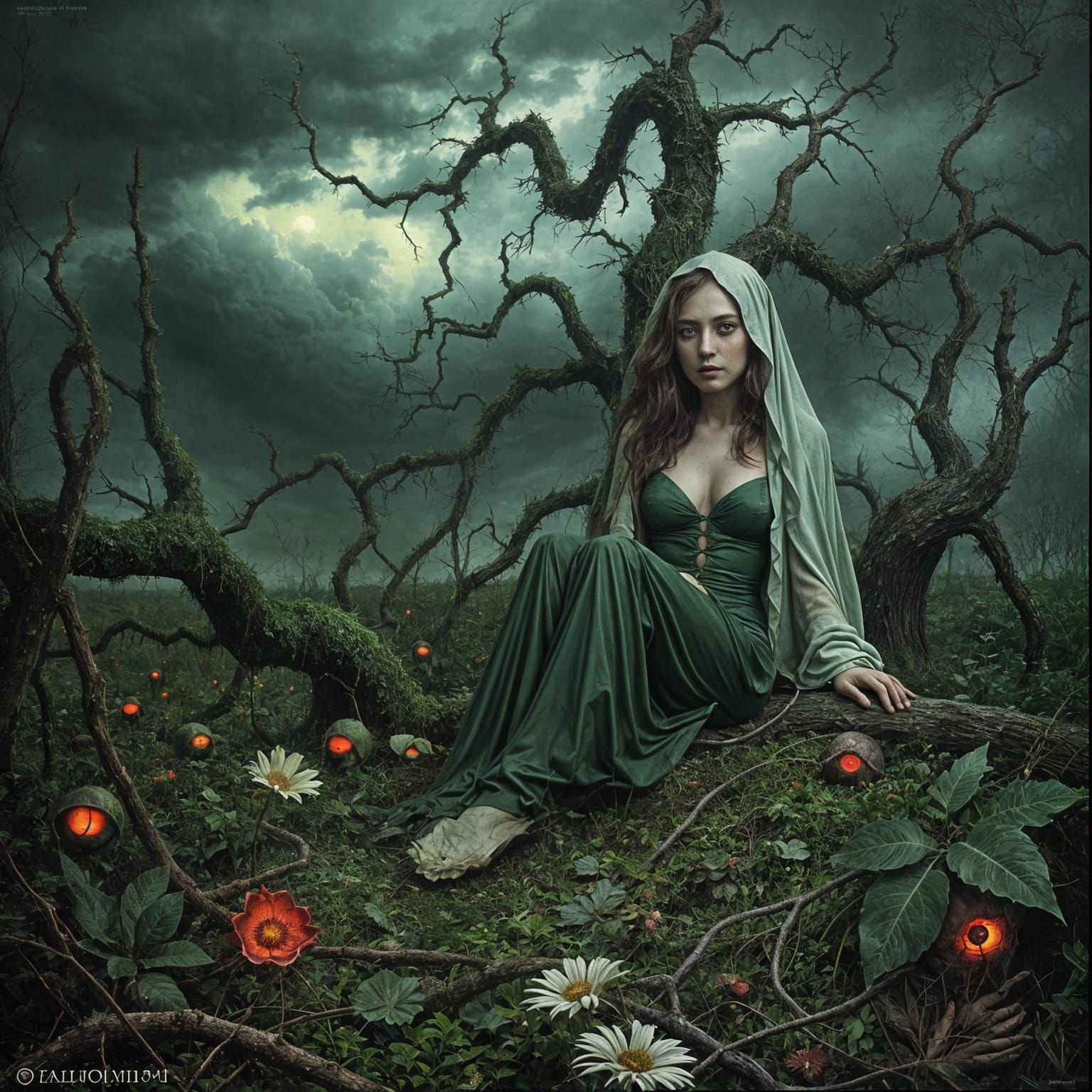 Creepy Overgrown Garden with Glowing Eyes