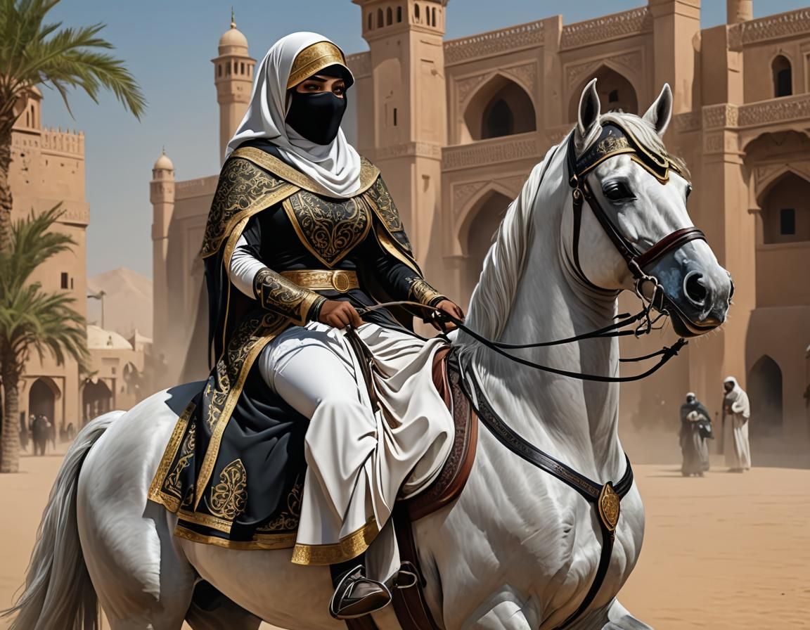 Girl in niqab rides a horse