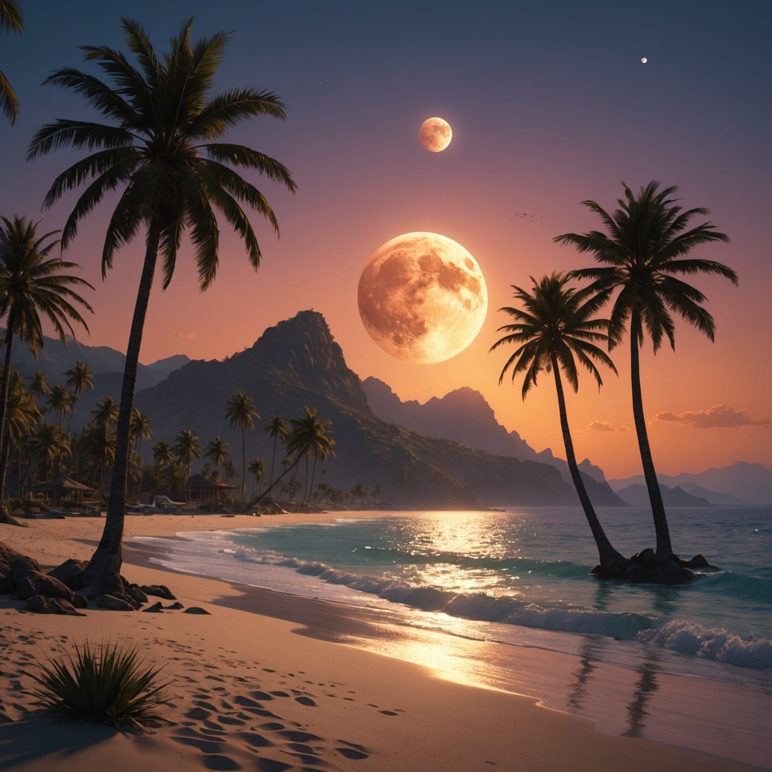 Beach Sunset with Three Moons: Fantasy Concept Art