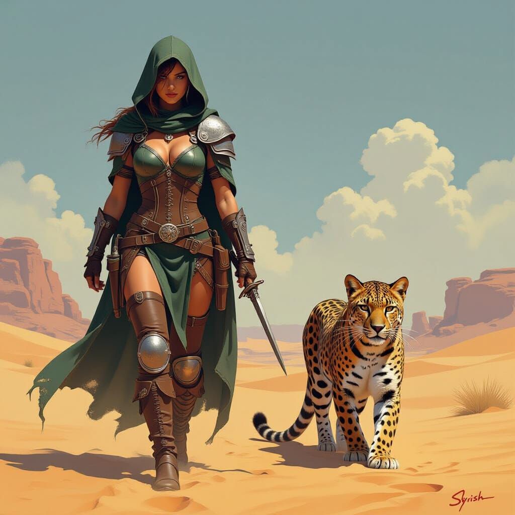 Desert Mercenary with Leopard, Frank Frazetta Style