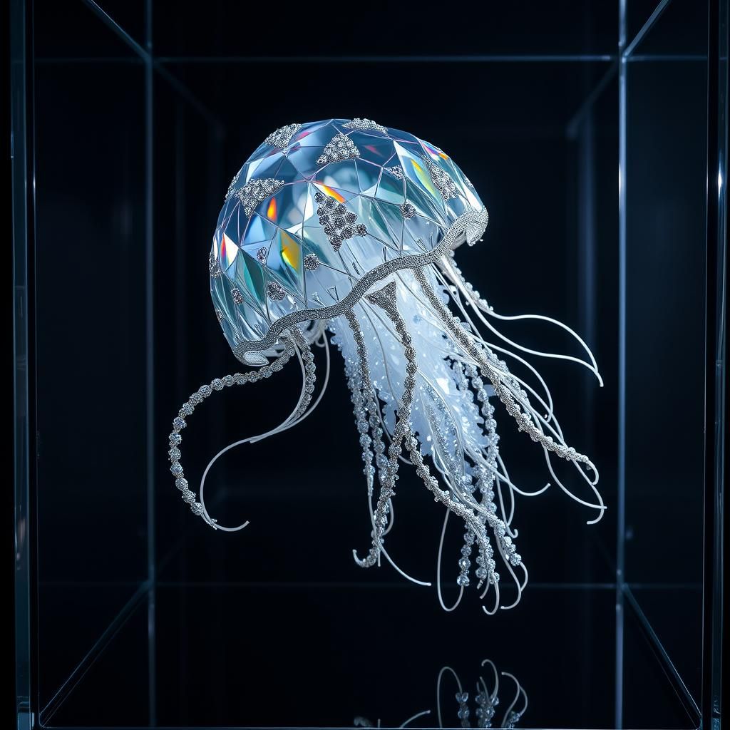 Crystal Jellyfish in Glass Case, Luxury Product Photography