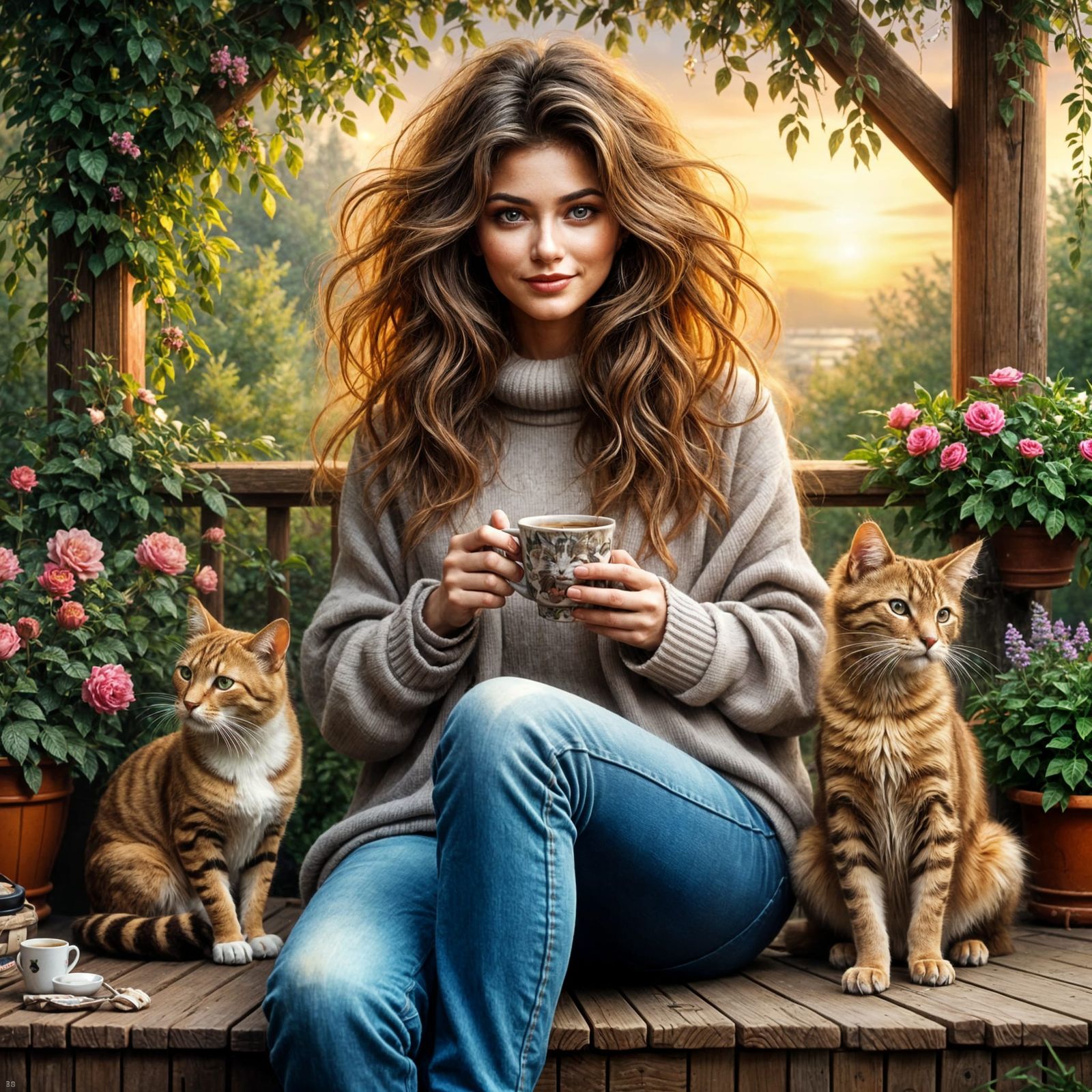 Woman and Cat Enjoying Sunrise Coffee