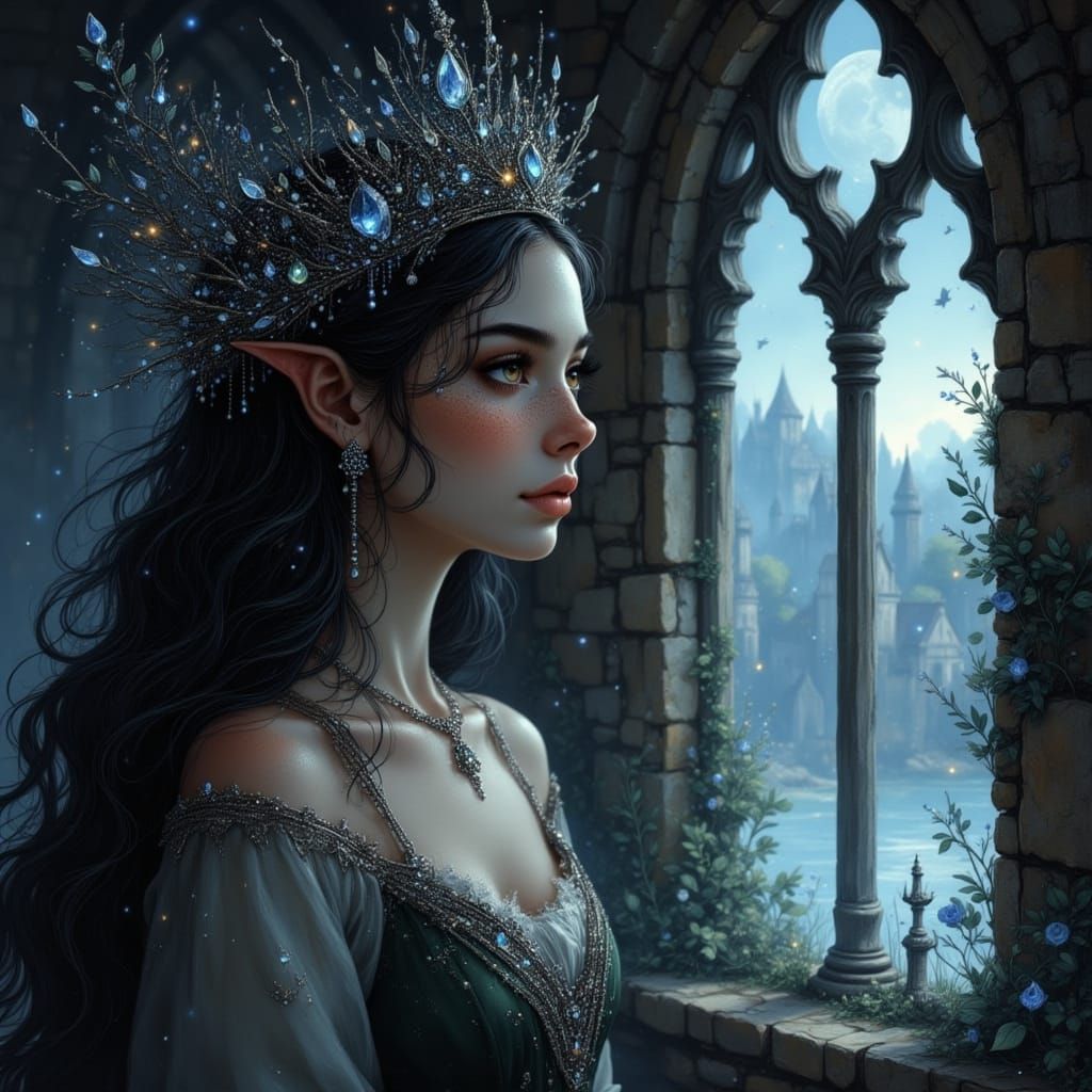 Regal Queen in Gothic Castle with Moonlight Crown