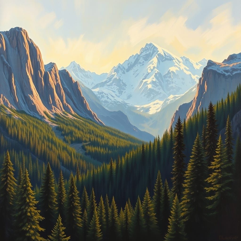 Impasto Oil Painting of Forest and Snow-Capped Mountains