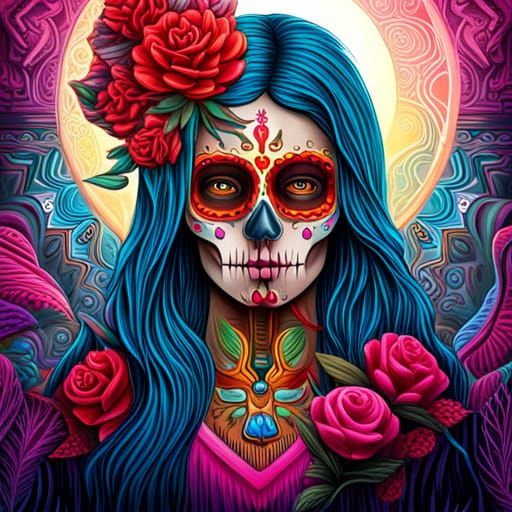 Aztec Santa Muerte Graffiti Art with Sugar Skull
