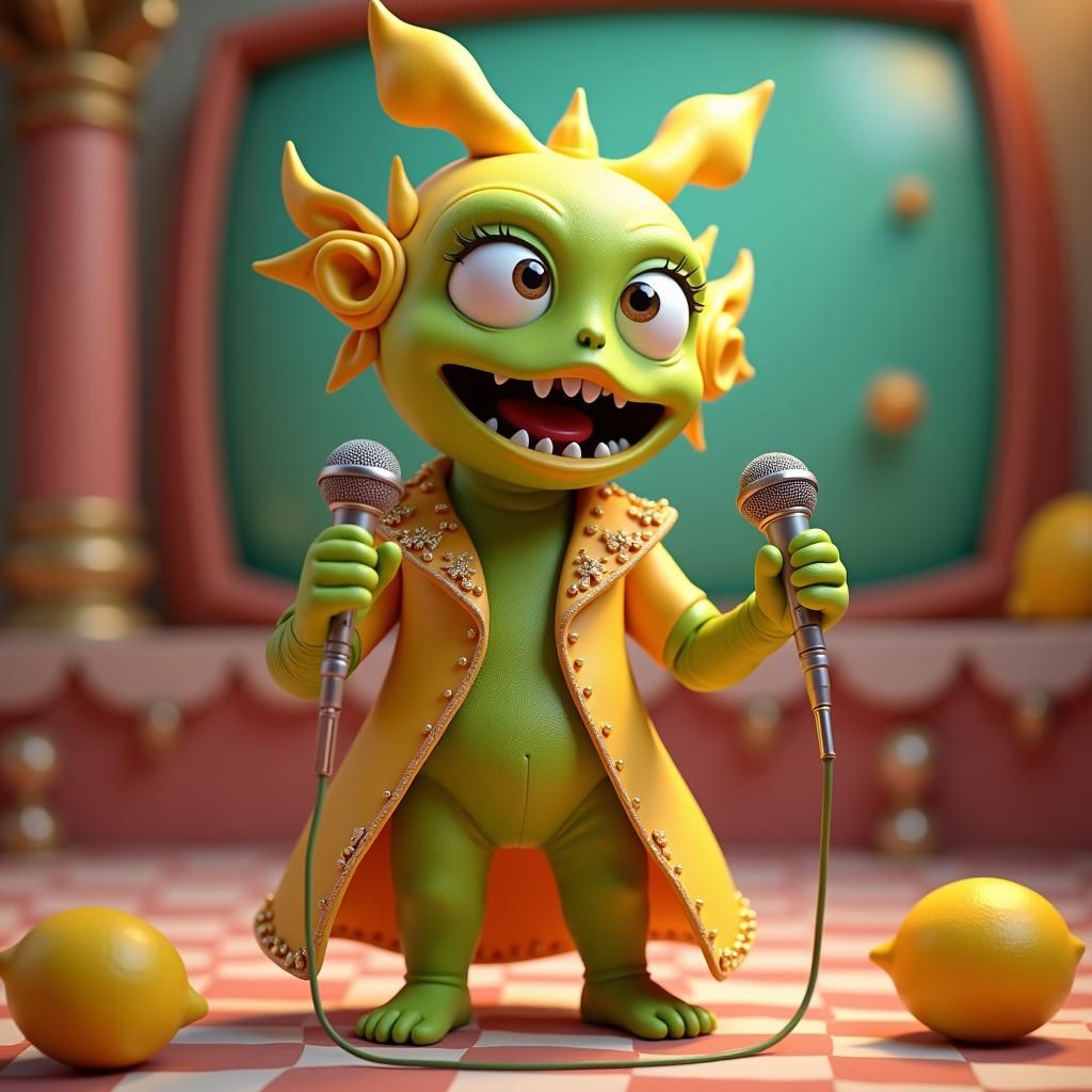 Lemon-Lime Humanoid on Game Show in Digital Anime Style