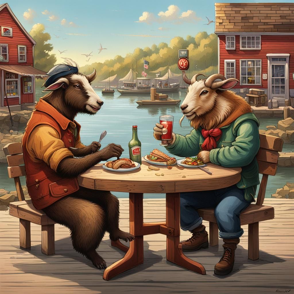 Goat and Beaver Share Meal in Riverside Tavern