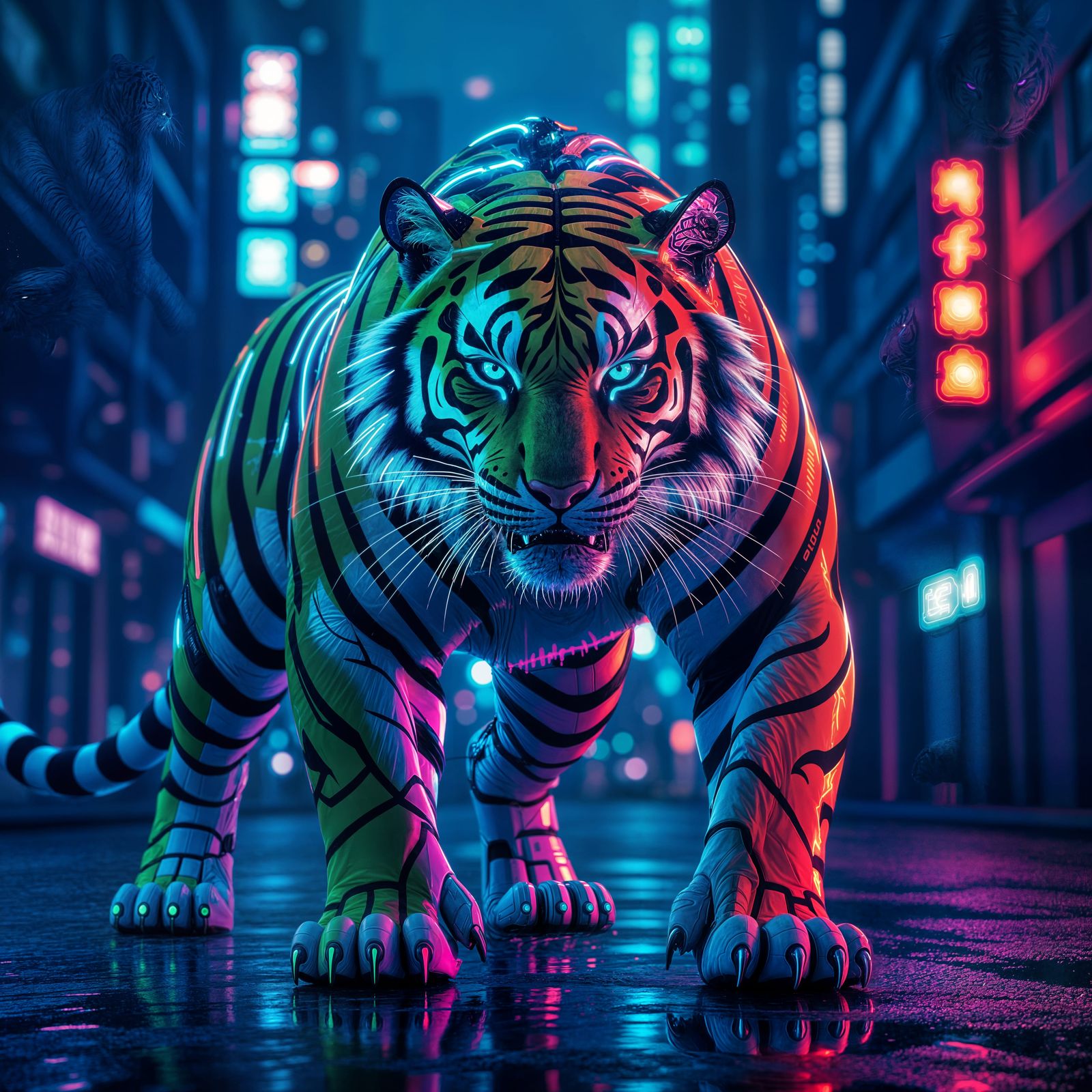 Futuristic Cybernetic Tiger with Neon Stripes