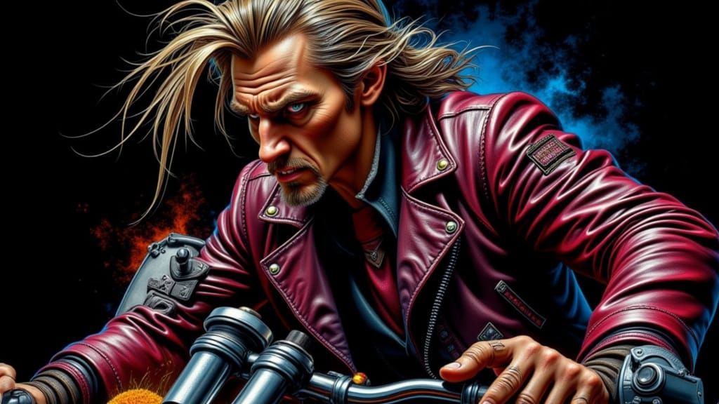 Biker on Harley in Hyperrealistic Airbrush Style