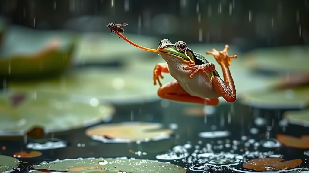 Frog in Mid-Leap Captures Fly in Dreamy Pond
