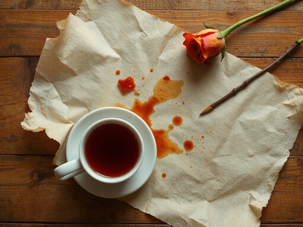 Delicate Rose and Spilled Tea on Stained Parchment