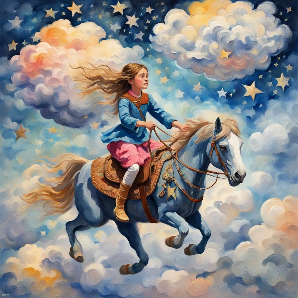 Girl Riding Star in Gouache Watercolor Style