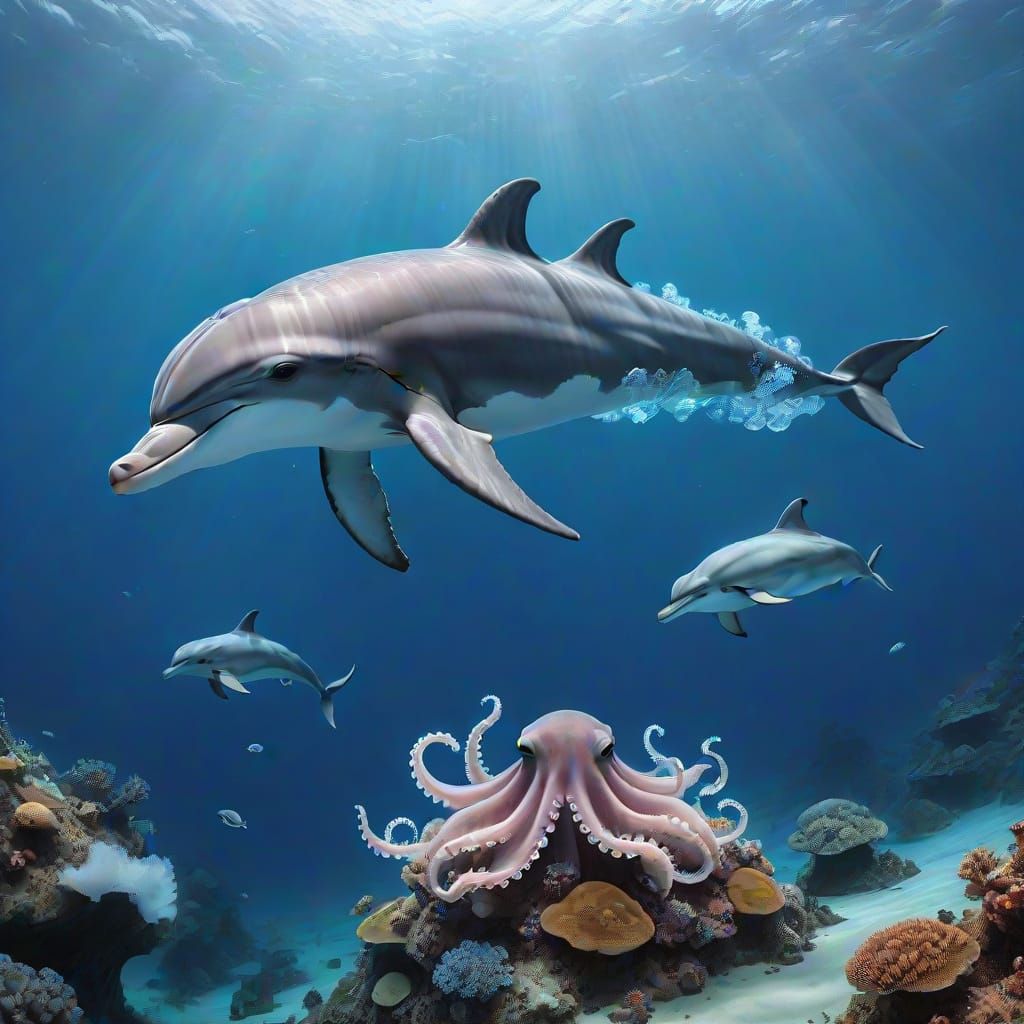 Dolphin Iceberg Octopus in Futuristic Marine Art