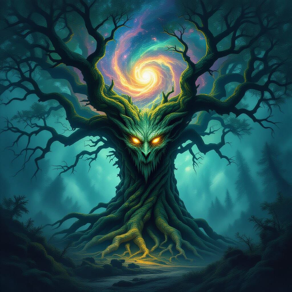 Ancient Tree Spirit in Swirling Nebula, Dark Fantasy Art