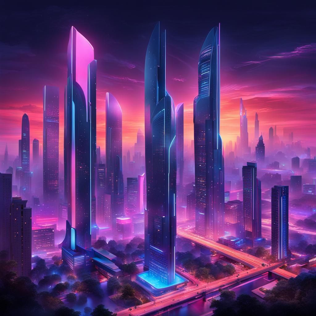 Futuristic Cityscape at Dusk with Neon Lights