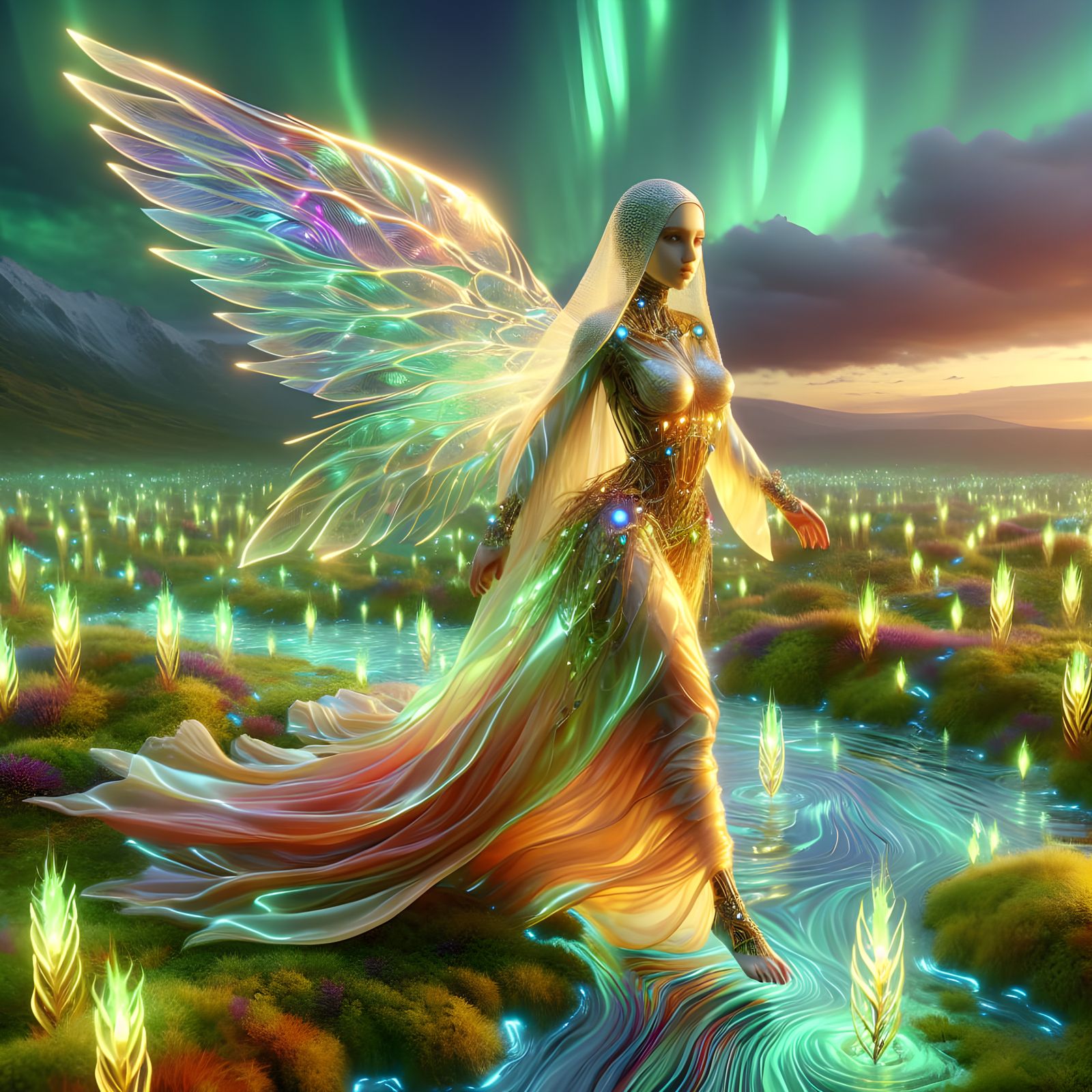 Amber-Winged Woman in Luminous Cyberpunk Meadow