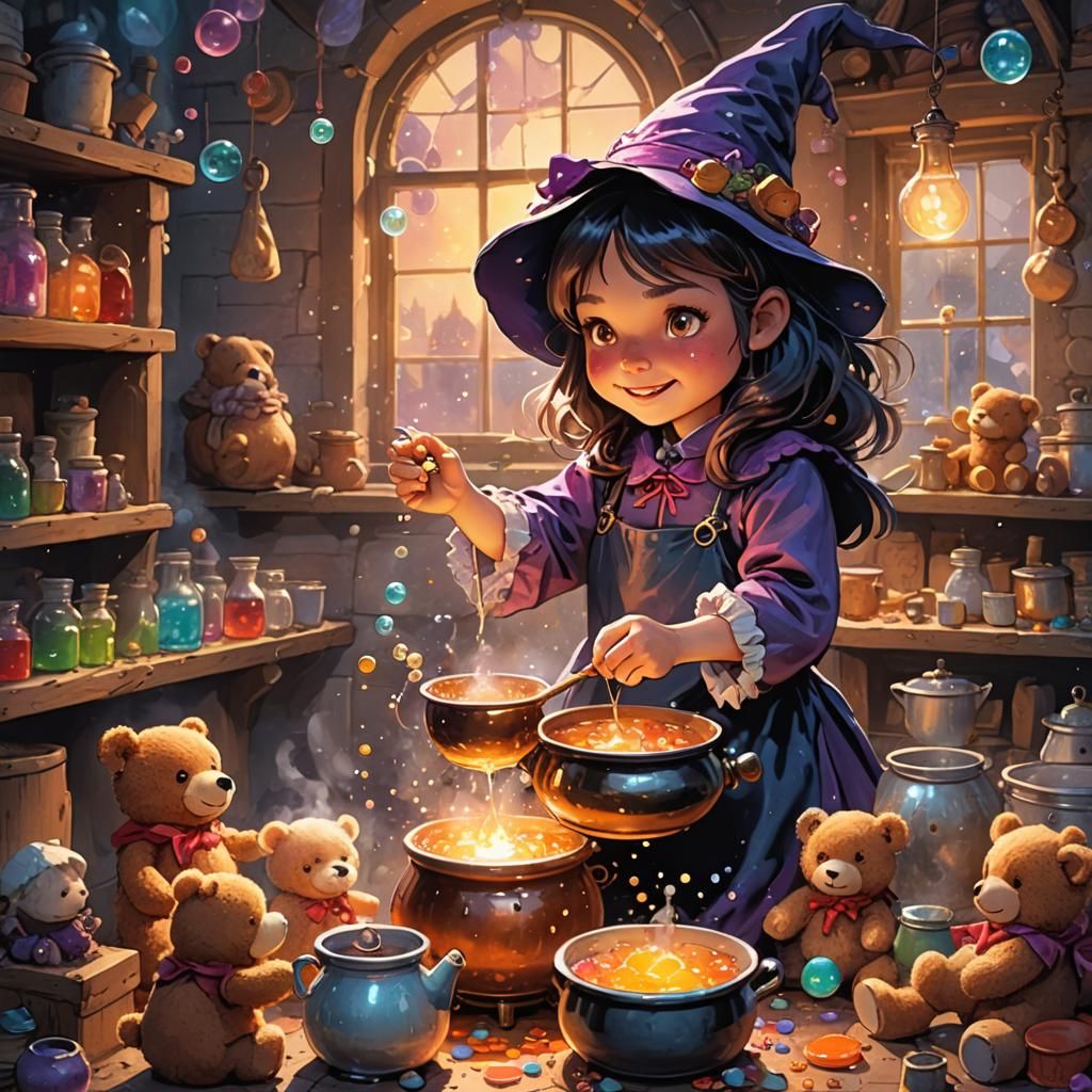Little Witch Girl Brews Teddy Bear Potion: Comic Art