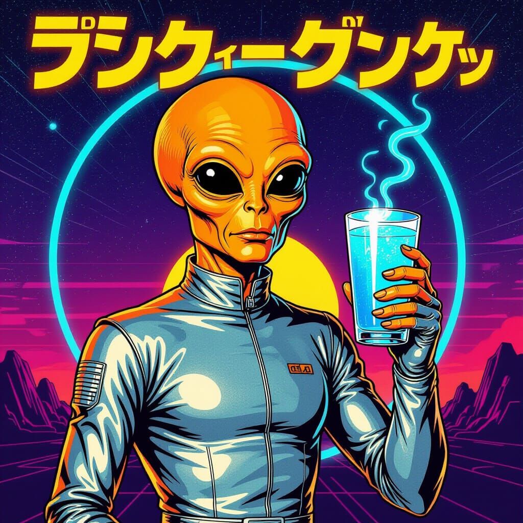 Retro Sci-Fi Alien Holds Blue Drink in Neon Cosmos Poster