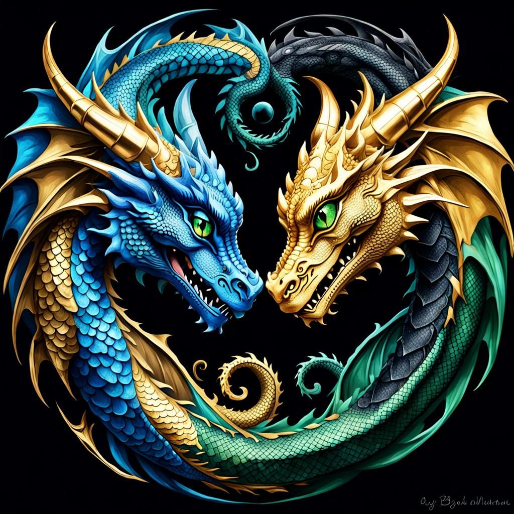 Yin Yang Dragons in Love: Blue and Gold