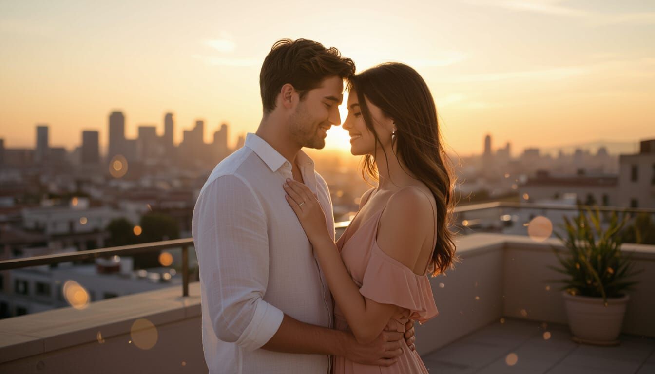 Golden Hour Romance: Couple on Terrace Overlooking City