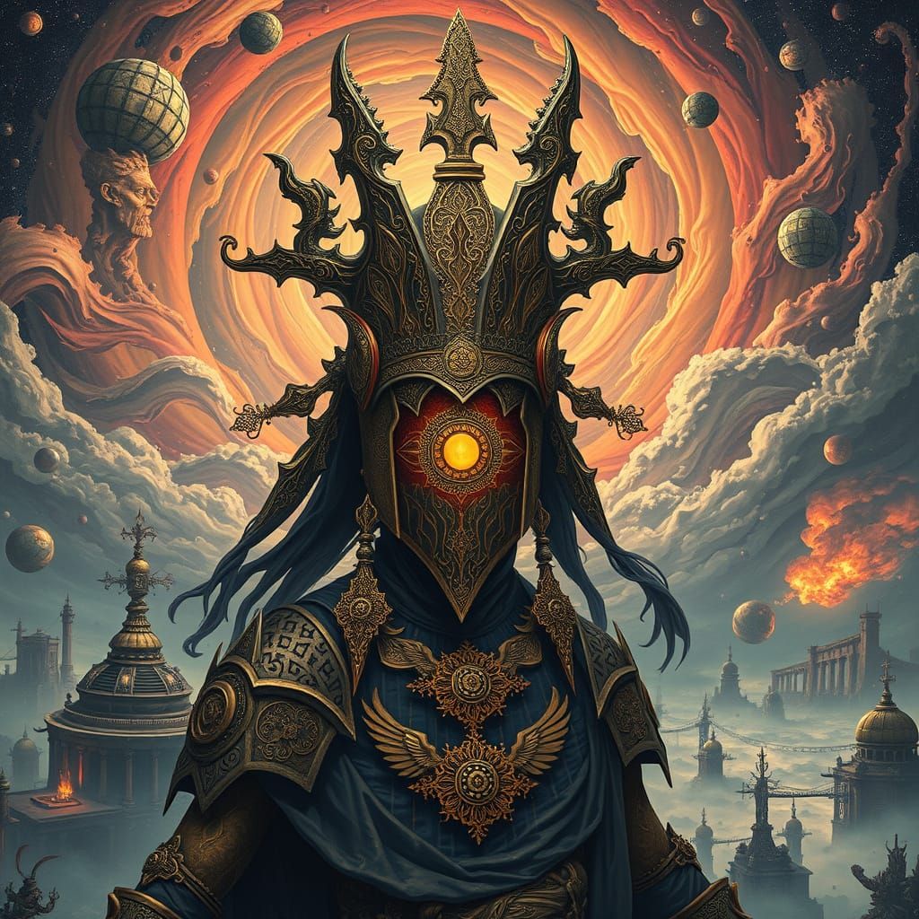 Gothic Hierophant navigates chaos in a surreal cosmic storm