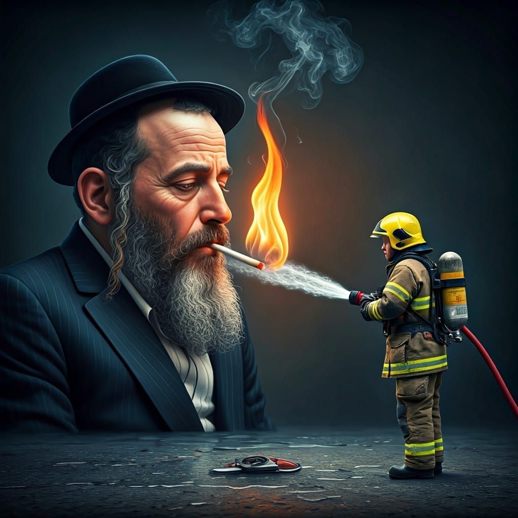 Surreal Haredi Man Surprised by Miniature Firefighter