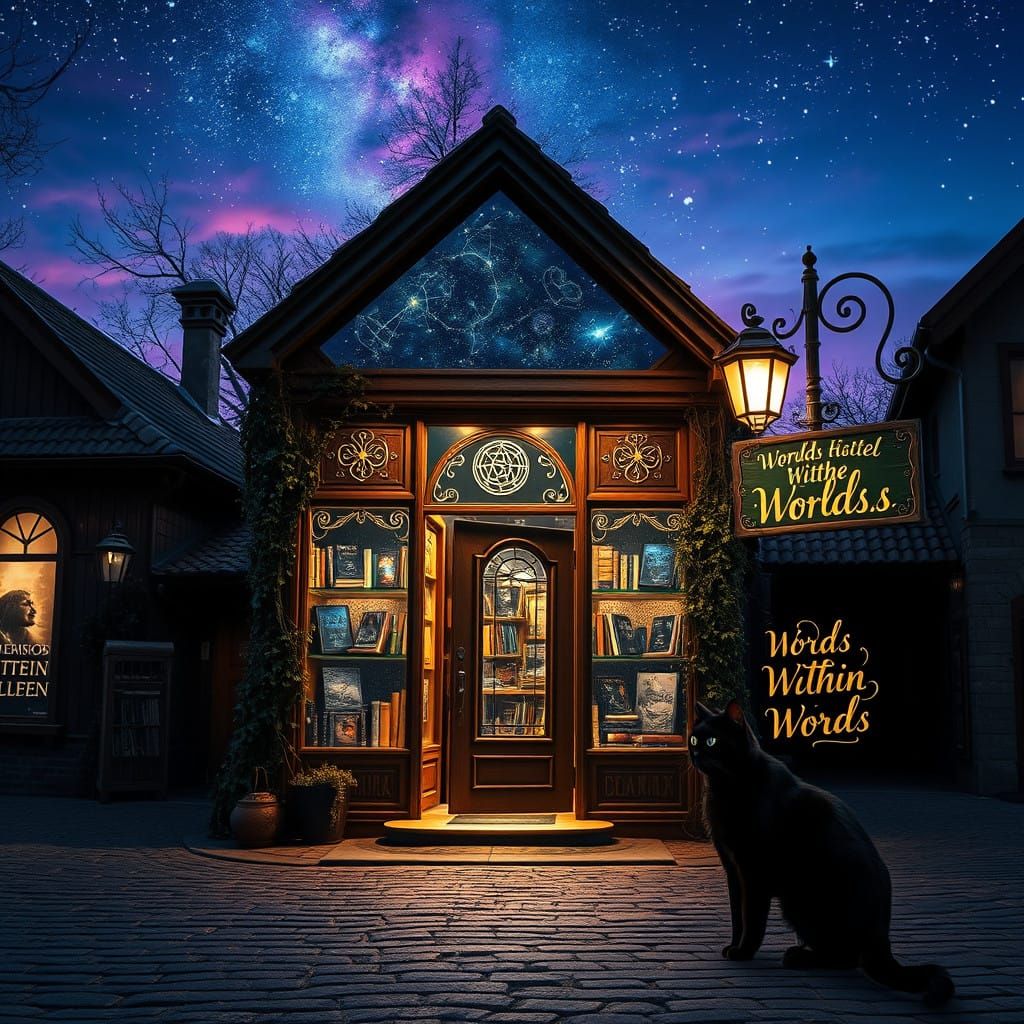 Whimsical Bookstore Under Starry Twilight