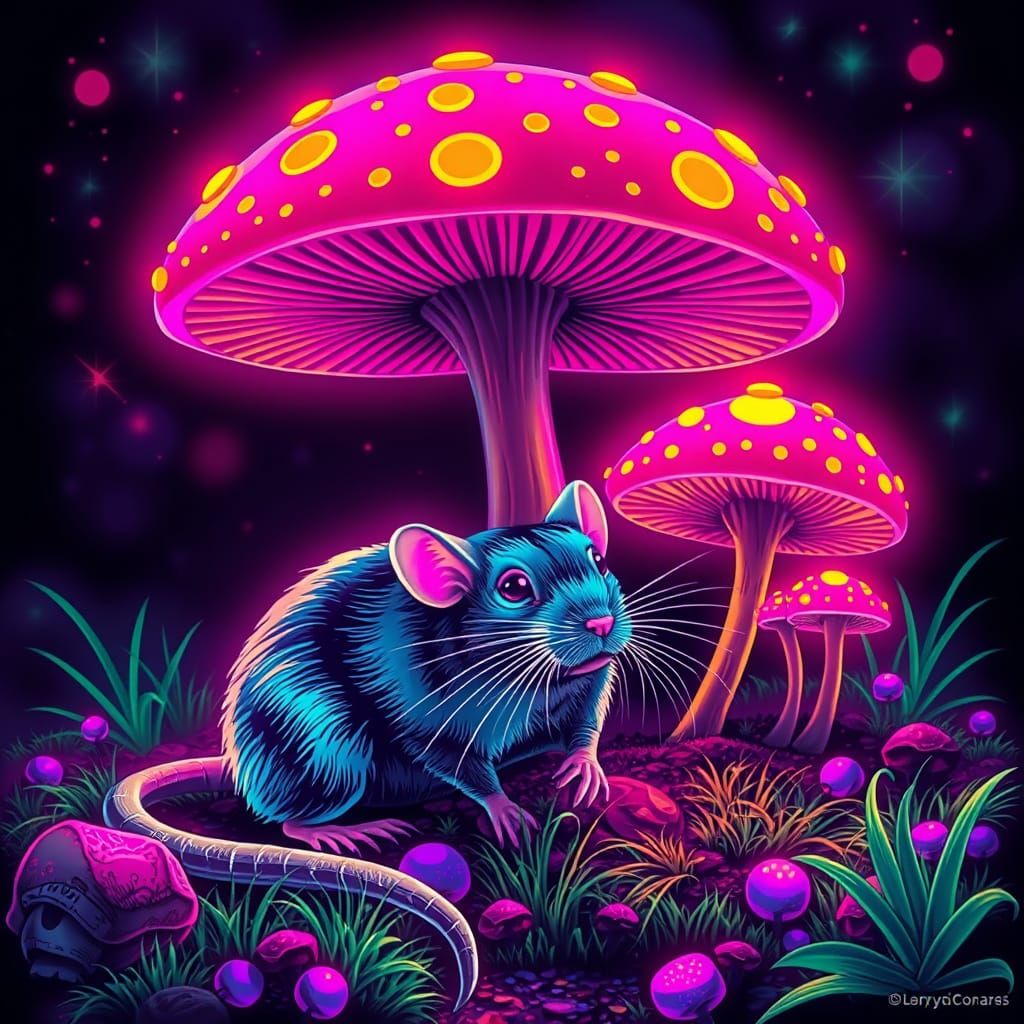 Magic Rat Under Neon Mushrooms
