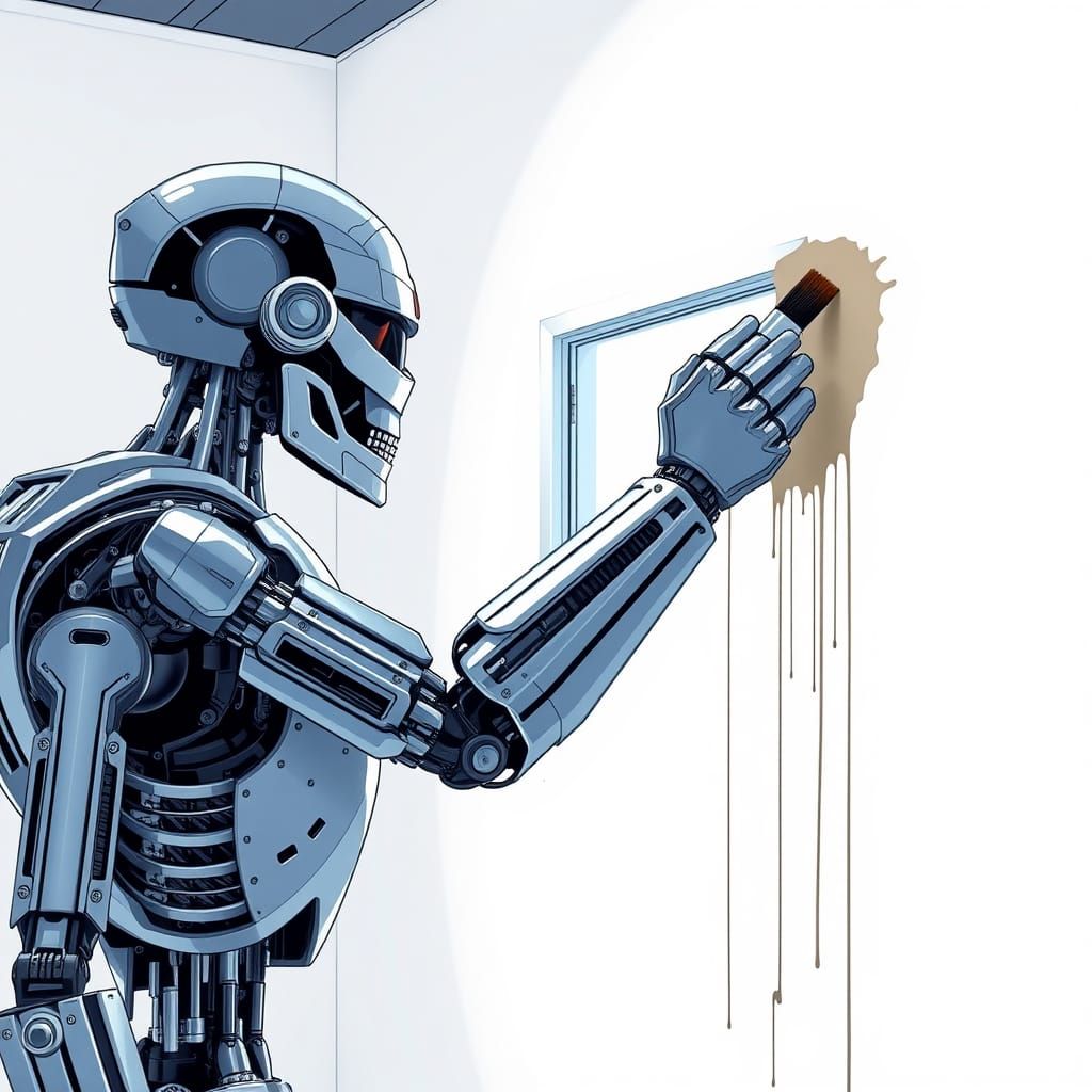 High-Quality Futuristic Painting of Terminator Robot on Whit...