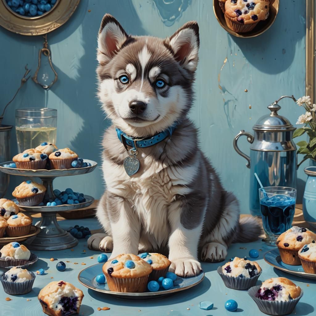Whimsical Husky Puppy Surrounded by Blue Treats