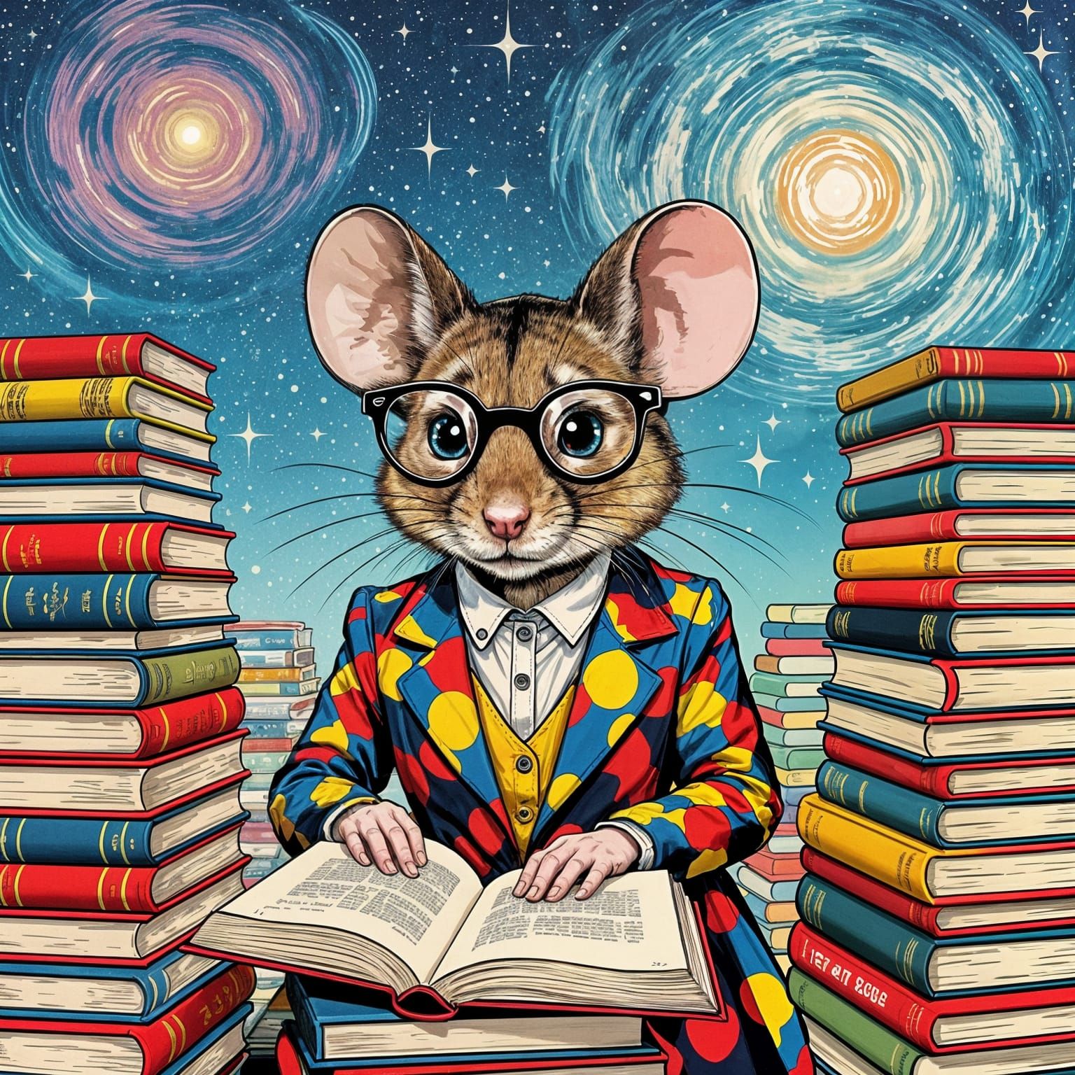 Nebula Books and Mouse in Pop Art Style