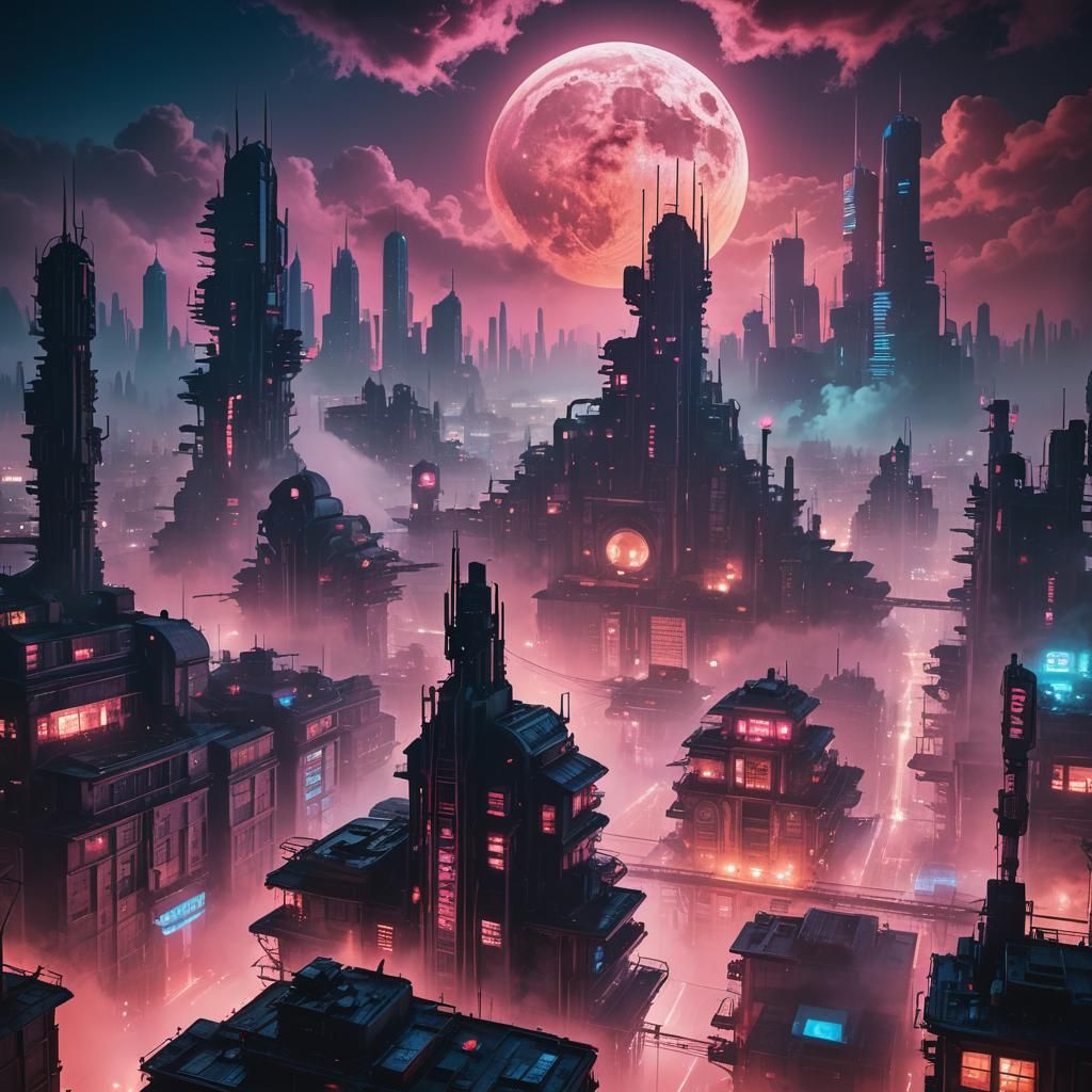 Cyberpunk Cityscape with Neon Lights and Industrial Details