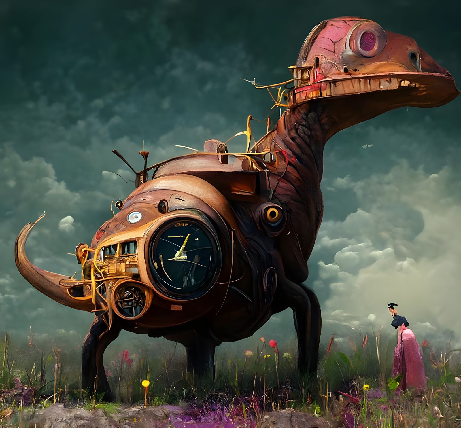 Steampunk Clockwork Dinosaur in Romantic Landscape