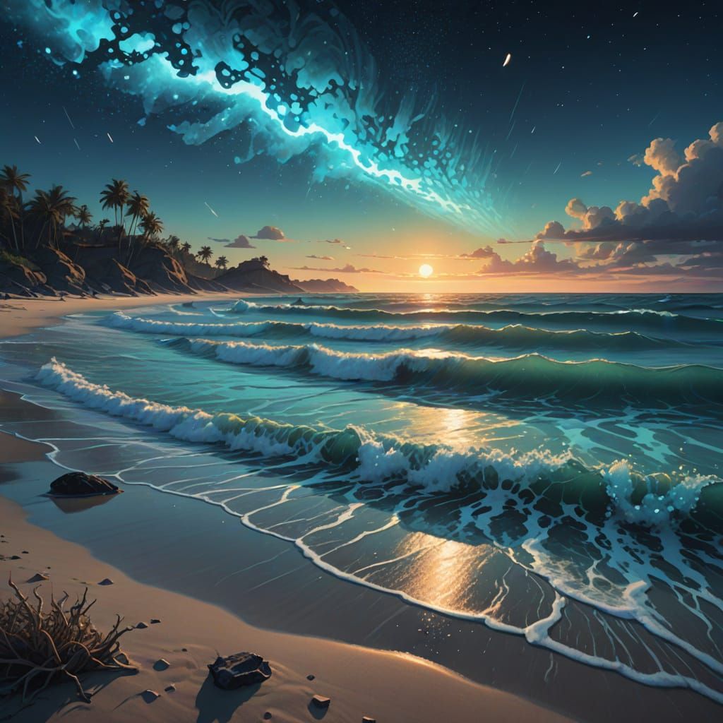 Bioluminescent Waves Create Ethereal Glow on Shore