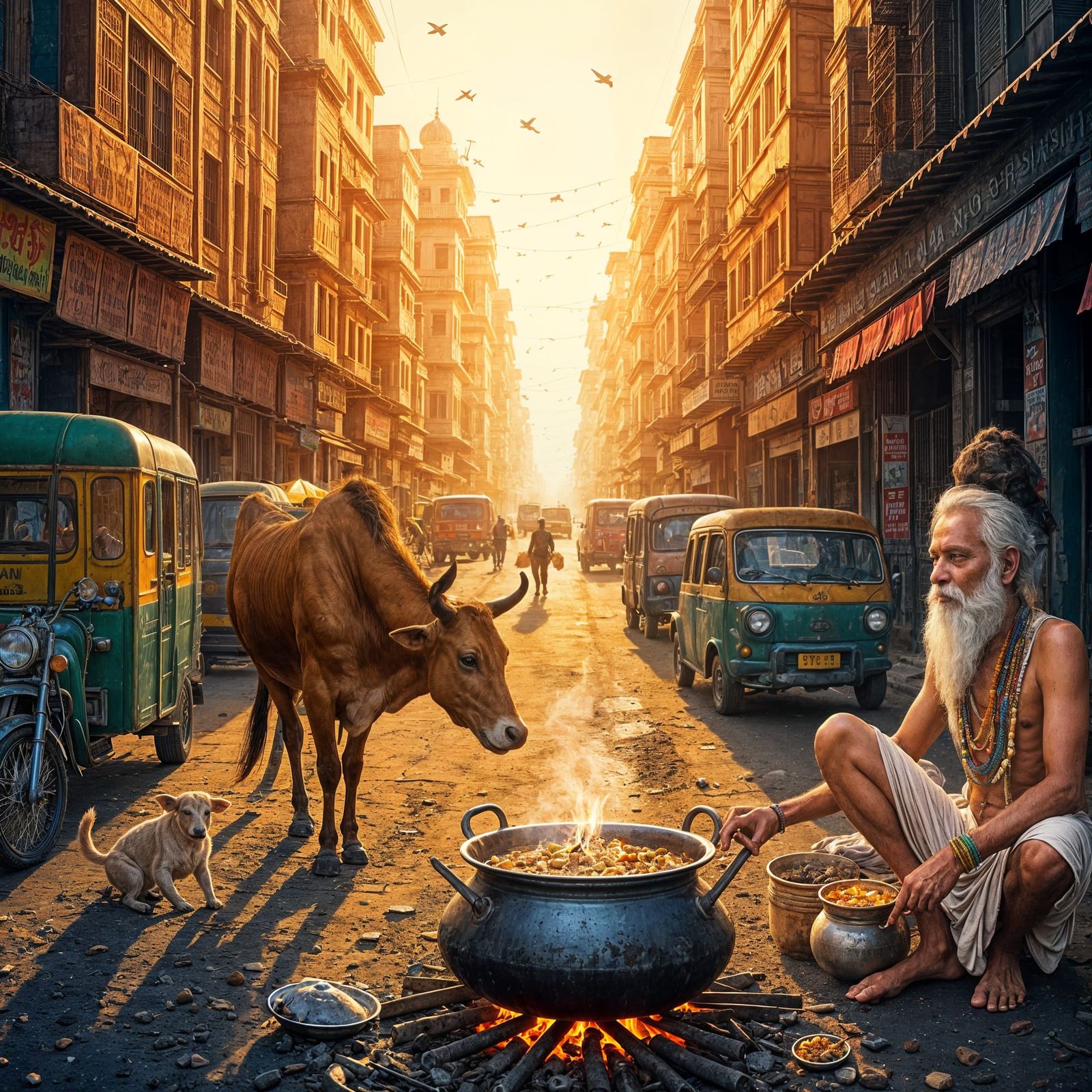 Vibrant India Street Scene with Horses and Holy Cow