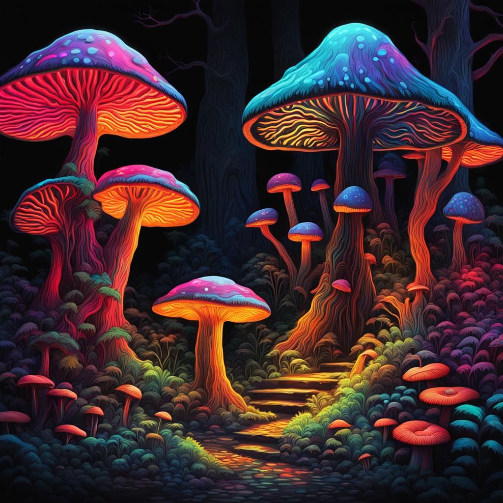 Psychedelic Forest with Fluorescent Mushrooms in Splash Art