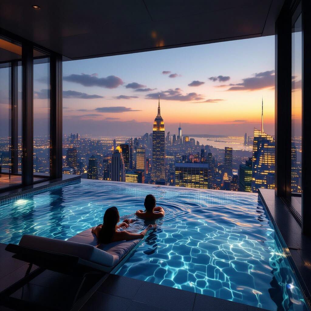 Luxury Skyscraper Hotel Pool Overlooking City at Twilight