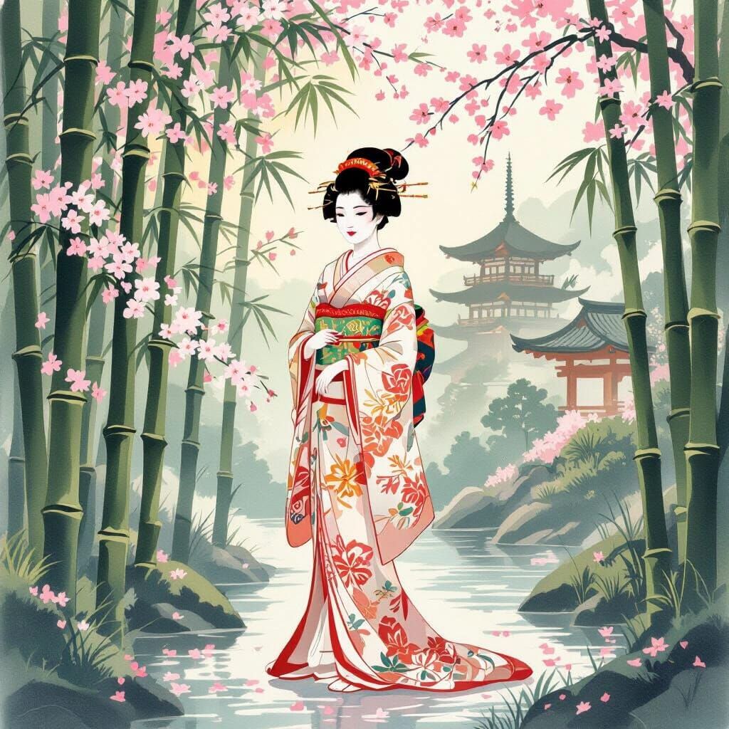 Geisha in Bamboo Forest: Ukiyo-e Style