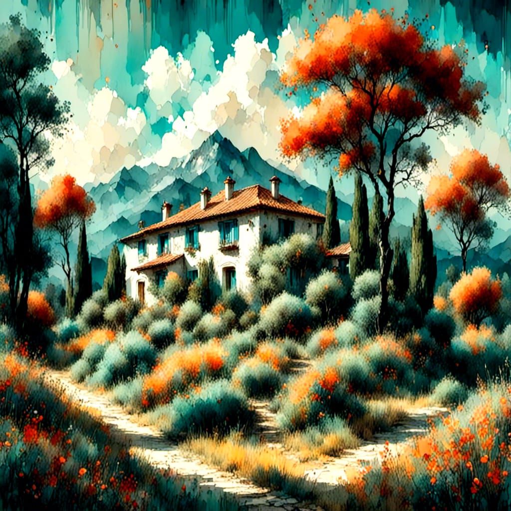 Sunlit Stone House with Olive Groves, Impressionistic Style