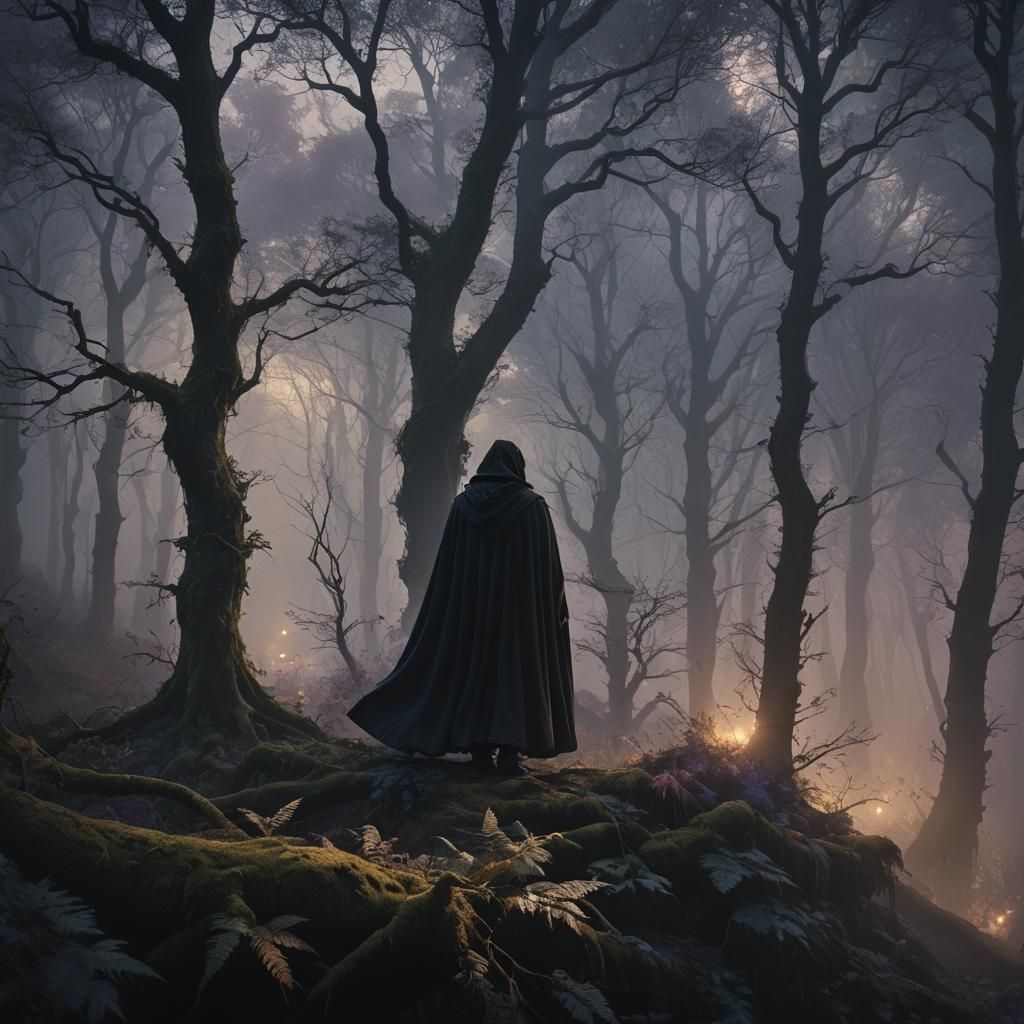 Mystical Forest: Cloaked Figure in Moody Landscape