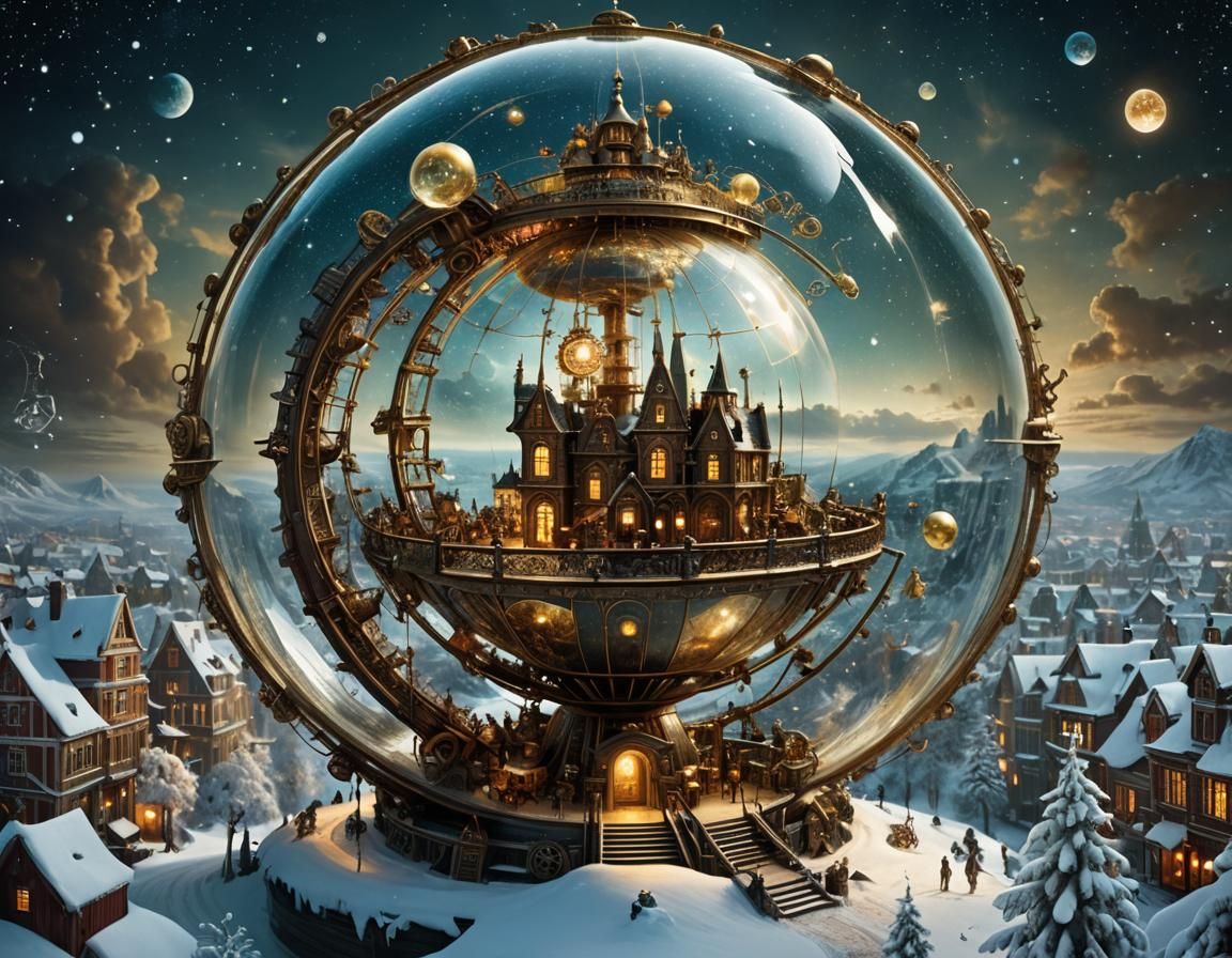 Steampunk Winter Wonderland Globe: Surreal Fantasy Art