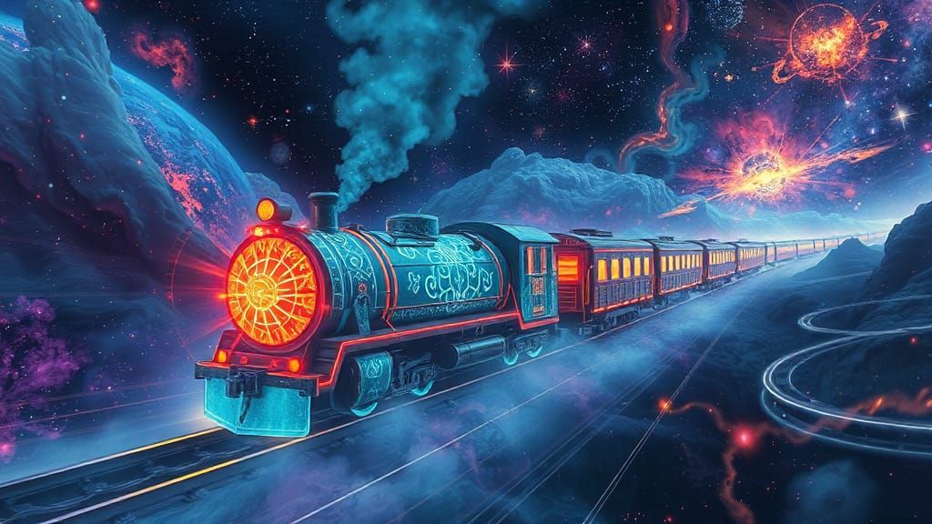 Luminous Cosmic Train Through Vibrant Nebula