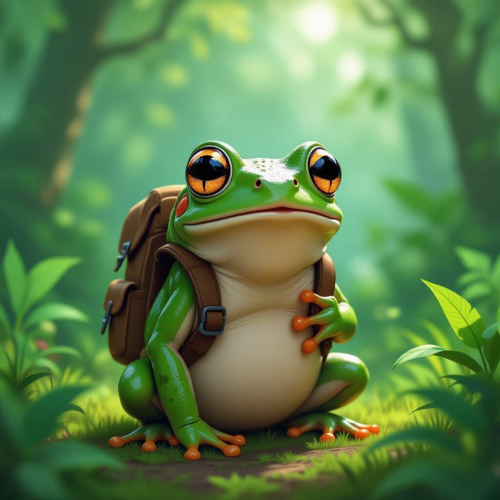 Startled Frog Exploring Forest in Whimsical Style