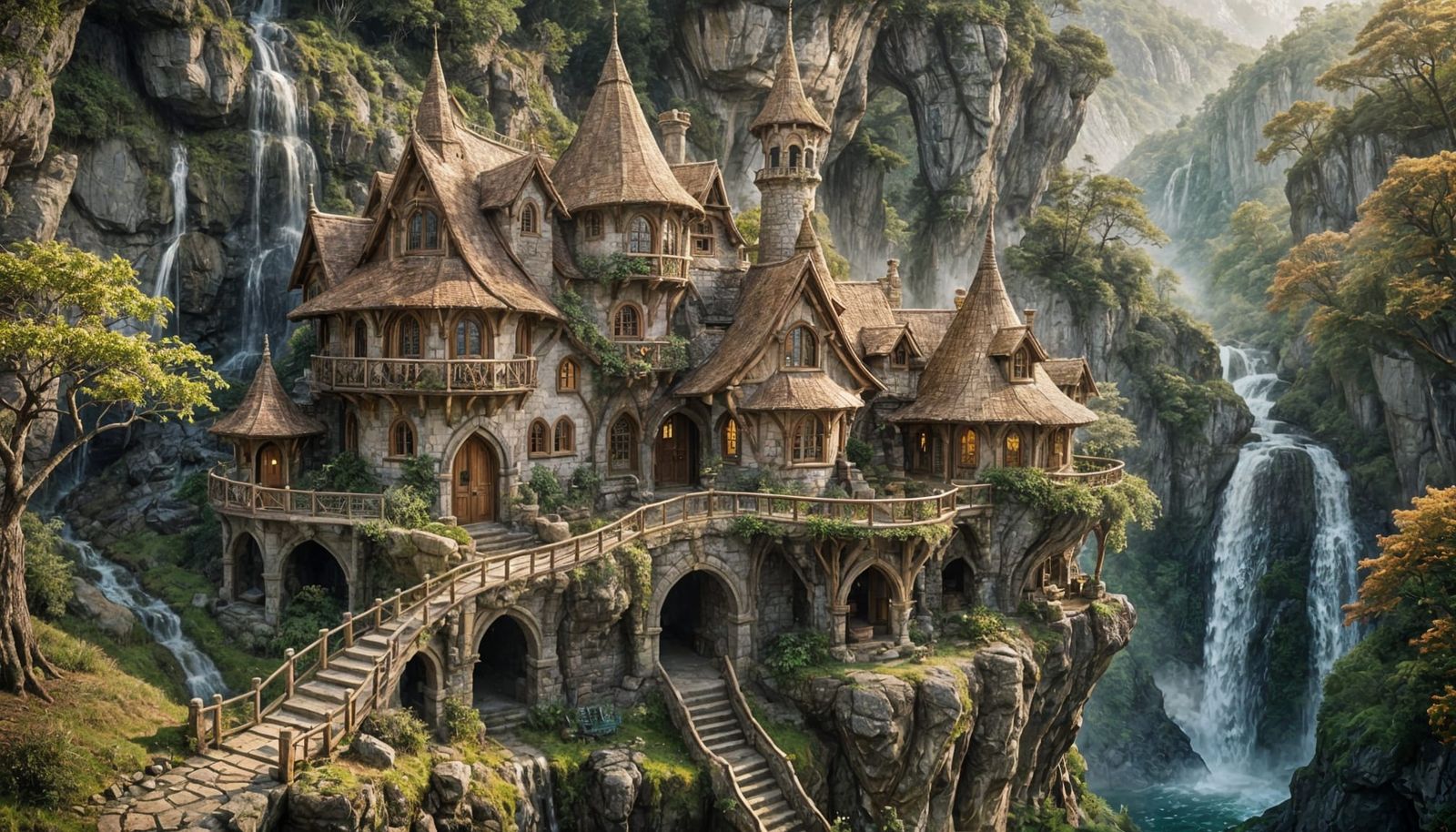 Elven Cliffside House by Waterfall in Photorealistic Style